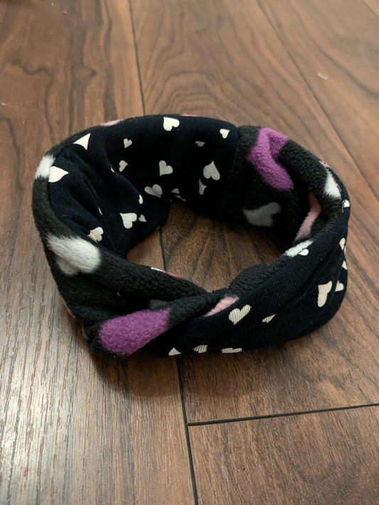 Double sided upcycled infinity scarf for dogs. Black cotton with white hearts and black fleece with white, purple and pink hearts. Custom made from two tops for XXS to M size dogs.